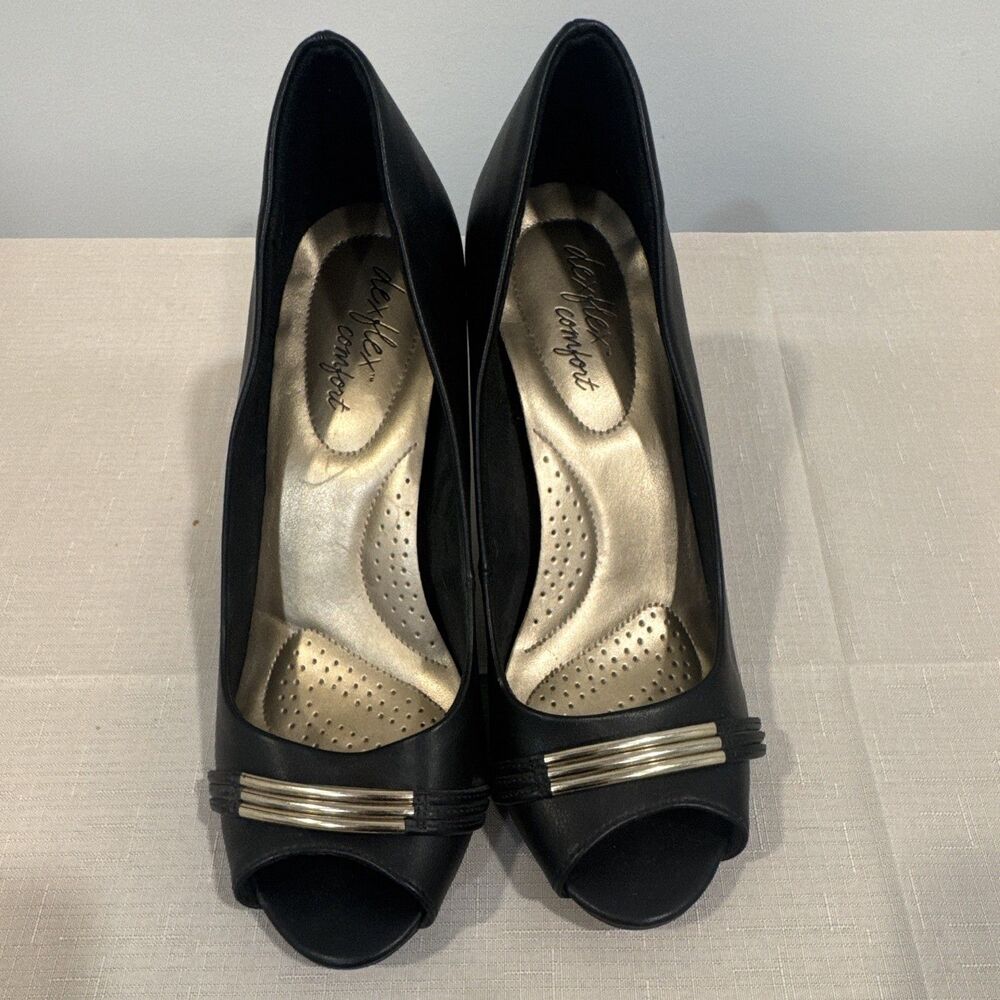 Dexflex Comfort Women’s Black Peep Toe Pump Heels Slip On Metallic Size 8
